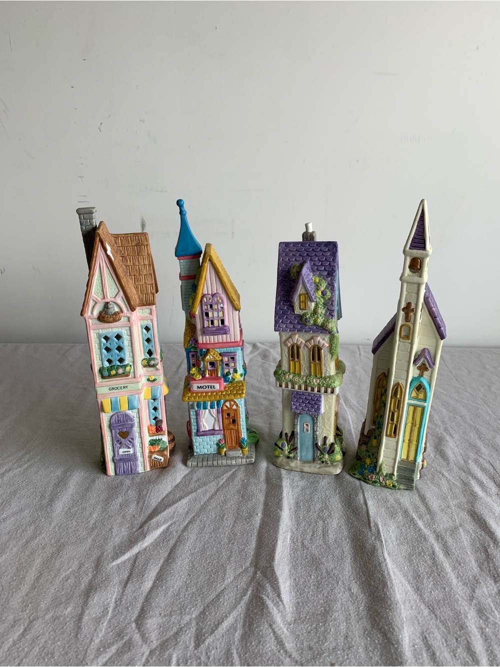 Whimsical Pastel Village Decorative Ceramic Houses - Pastel Purple & Blue